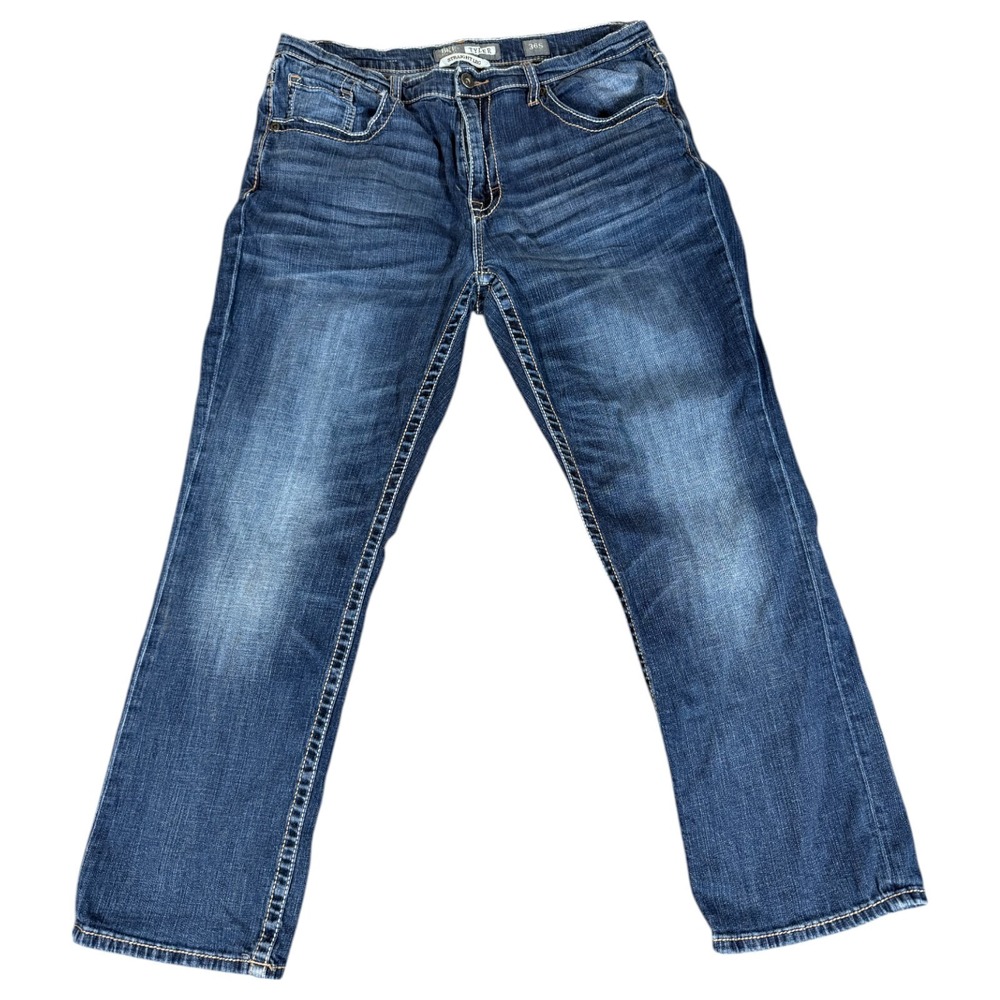 BKE Tyler Jeans Men's 36x28 Blue Denim Straight Whisker Faded Buckle‎ Distressed